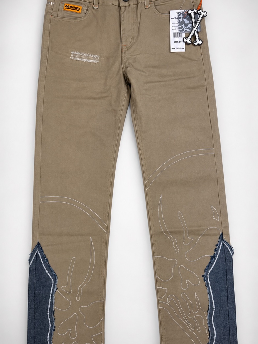 Khaki Slim Fit Patchwork Graphic Jeans